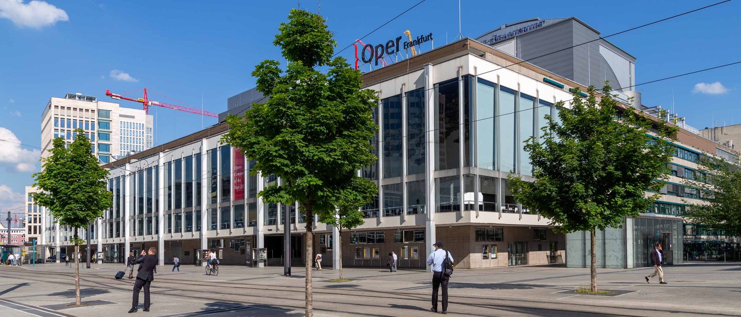 Exterior view of the modern Oper Frankfurt building with people walking and trees lining the street on a sunny day.