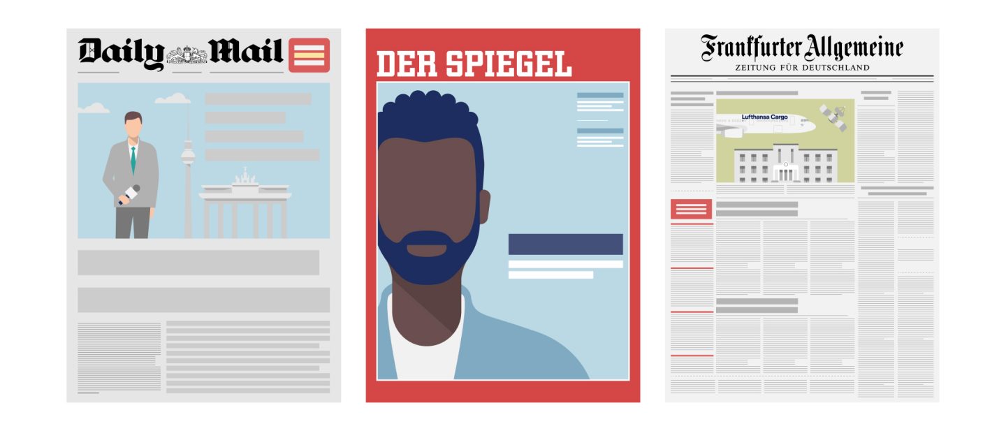 Illustration of three newspaper front pages—Daily Mail, Der Spiegel, and Frankfurter Allgemeine—with a faceless bearded reader centered, suggesting news and media.