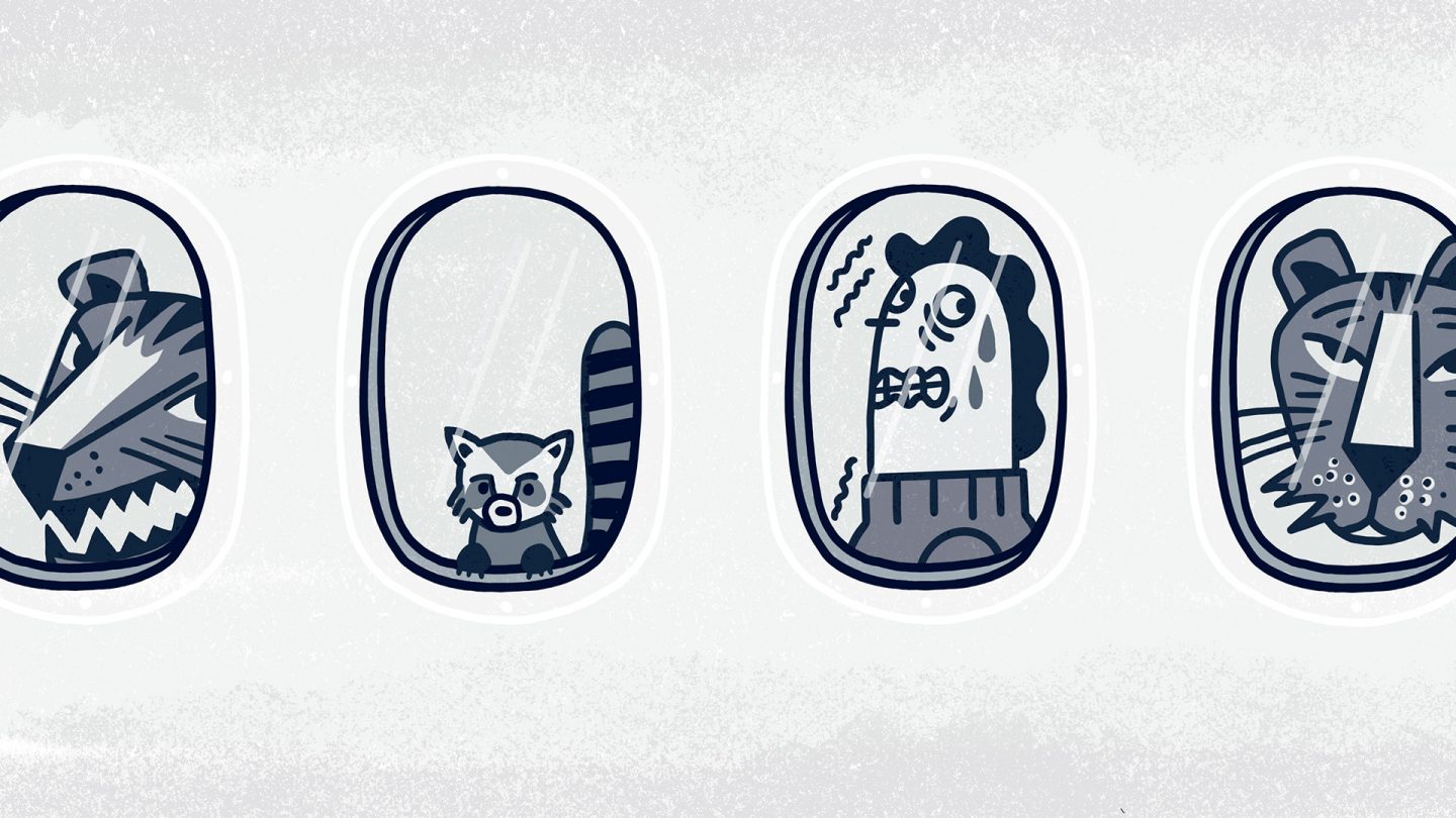 Illustration of a nervous cartoon character and animals looking out of airplane windows on a white and gray background.
